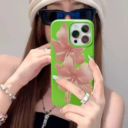 Pink Hibiscus Elegant High Aesthetic Anti - Drop Phone Case - iPhone 15 Plus (Green)