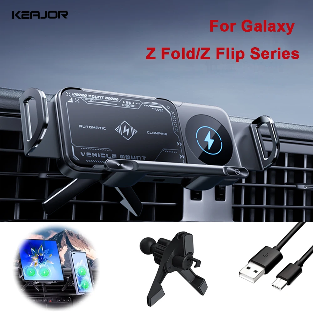 Car Wireless Charger For Samsung Galaxy Z Fold 5 6 Flip 3 4 Dual Coil Fold Screen Phone Fast Charging Air Vent Car Phone Holder