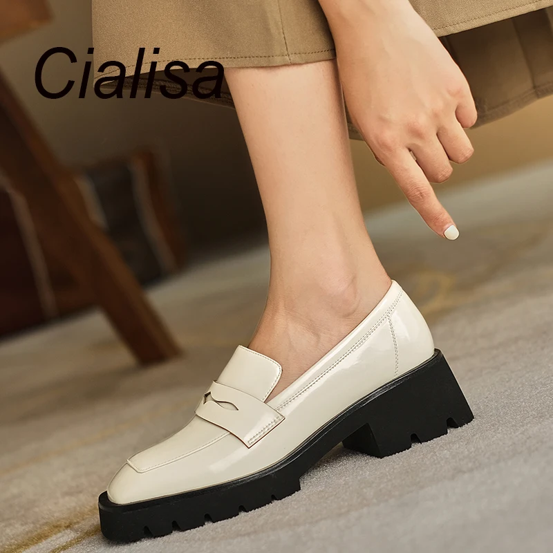 

Cialisa Spring Autumn Women Shoes Concise Square Toe Genuine Leather Loafers Handmade Casual Chunky Heels Female Footwear Beige