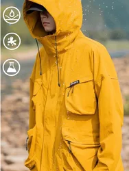 Men's Safari Style Outdoor Hard Shell Hooded Jackets 2024 New American Retro Classic Windbreaker Waterproof Mountaineering Coats