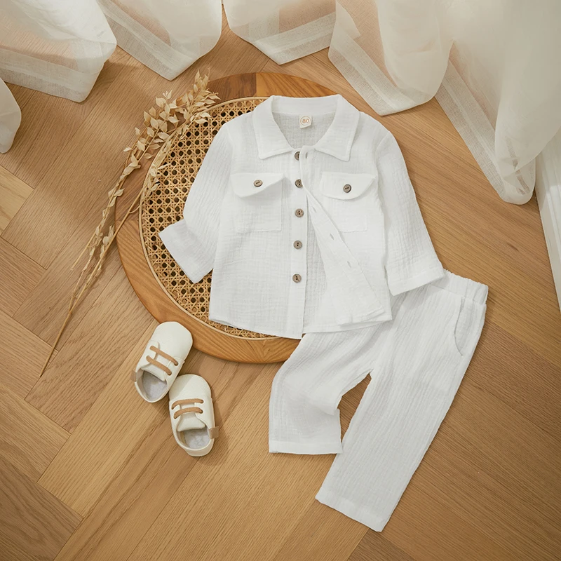 Cotton Linen Casual Baby Boy Fall Outfits Suit Long Sleeve Button