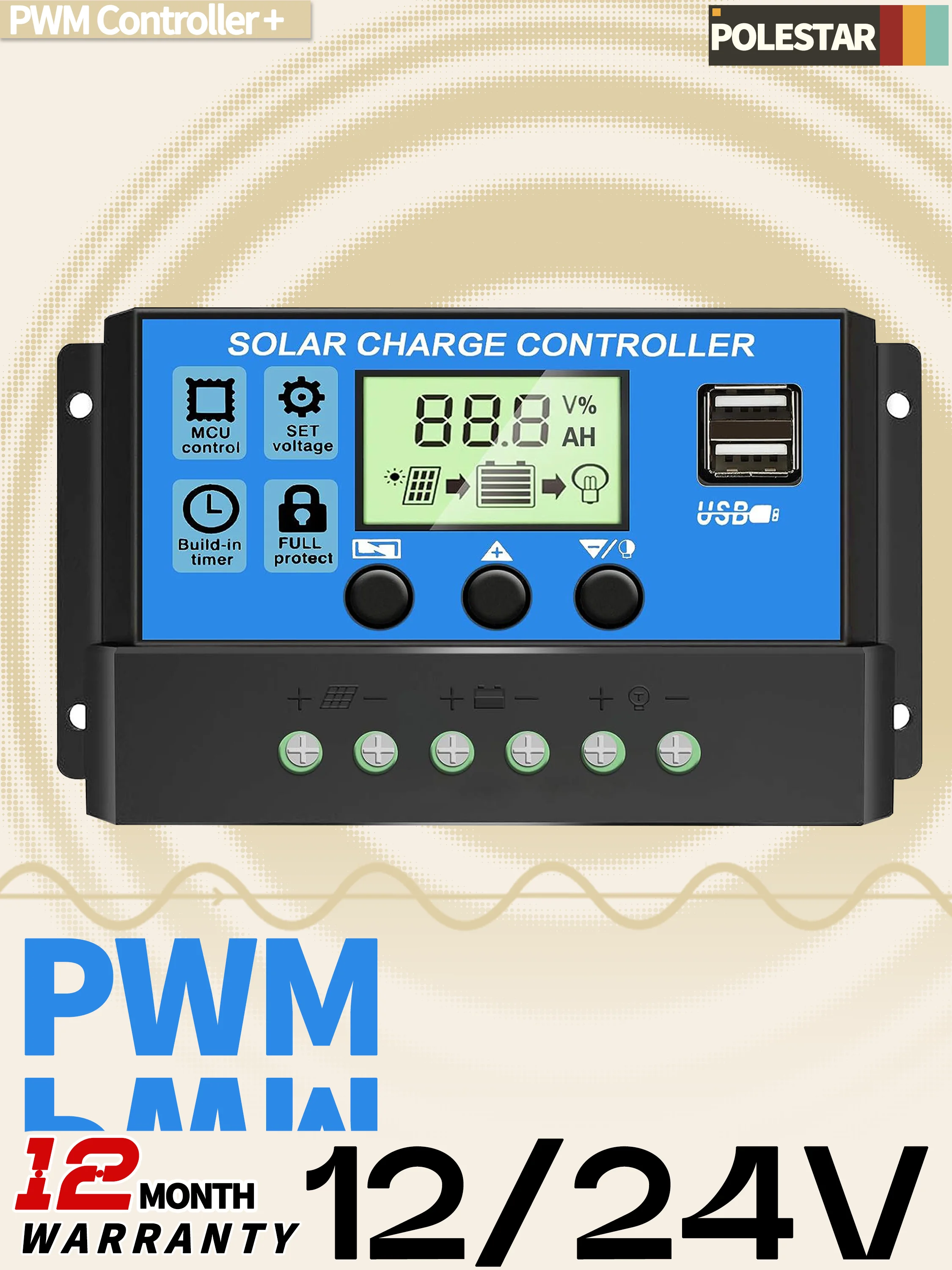 12V 24V PWM Solar Charge Controller with Adjustable LCD Display Dual USB Port Ti