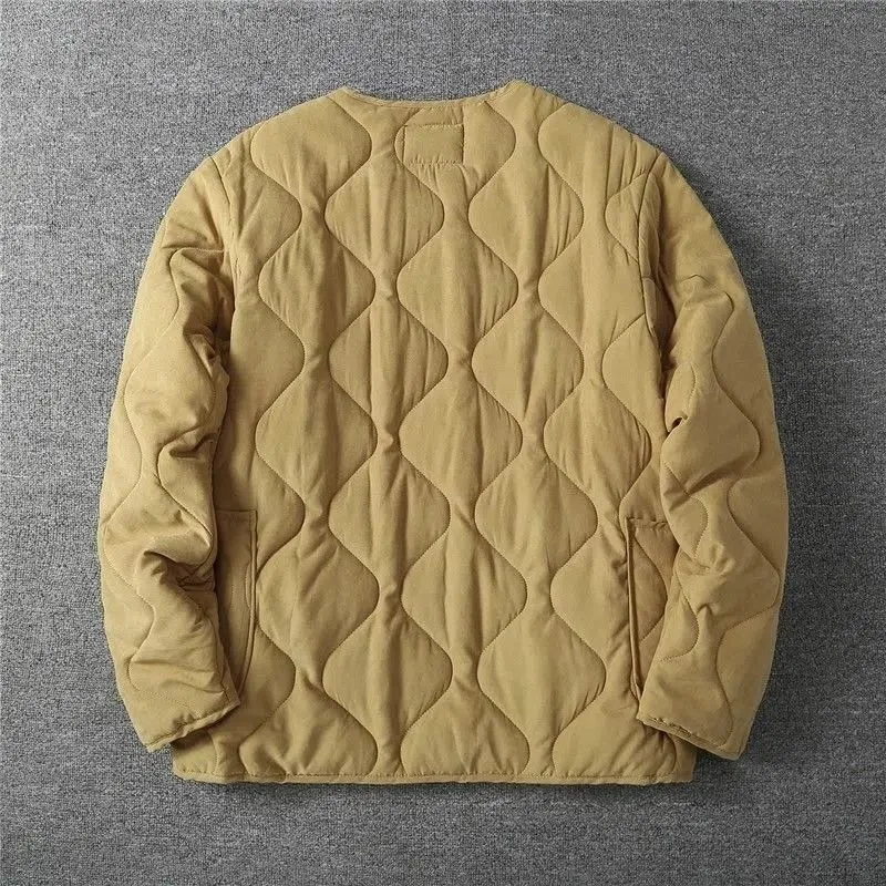 Autumn Winter O-neck Quilted Jacket Men's Versatile Army Green Retro Thickened Coat Men Techwear Button Up Oversize Jacket