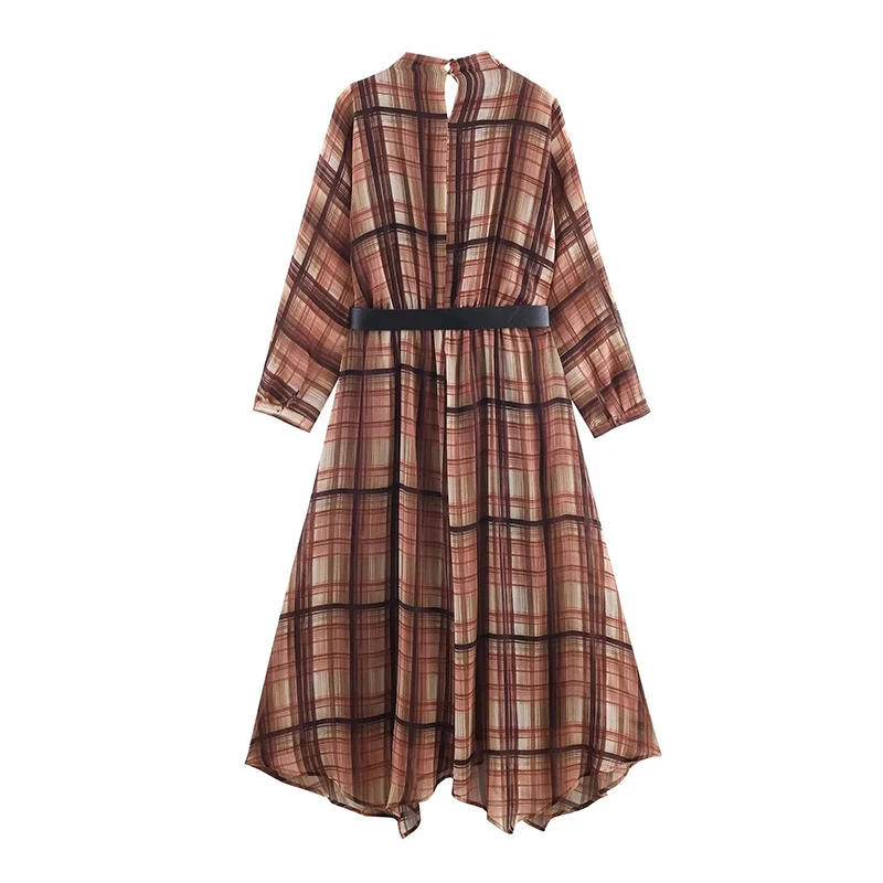 2025 Pleated Long Dresses for Women Fashion Plaid Printed Belt Dress Woman Vintage Party Womens Dresses Autumn Casual Dress ﻿