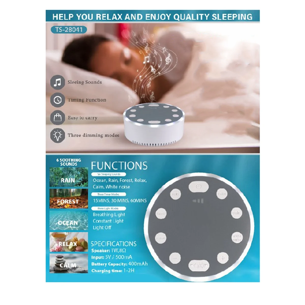 B34B-Baby White Noise Machine USB Rechargeable White Noise Sound Machine Baby Sleep Sound Player Night Light for Home Office