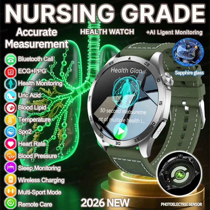 2026 New Nursing Grade Smart Watch ECG+PPG Blood Lipid Blood Pressure Uric Acid HD Bluetooth Call Clock Health Smart Watch Men 1