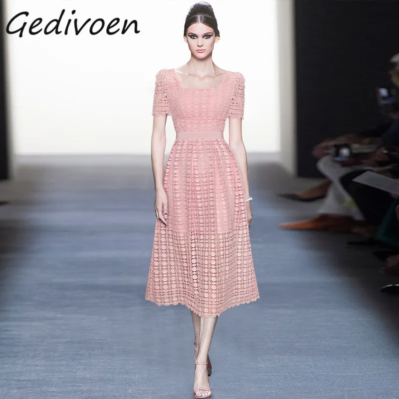 

Gedivoen Summer Fashion Runway Elegant Pink Dress Women's Square Collar Ruched High Waist Party Embroidery Hollow Out Midi Dress
