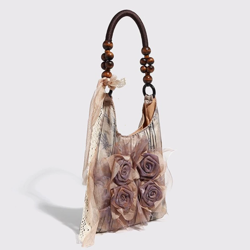 Chinese Style Rose Decor Shoulder Bags Fashion Commuter Tote Bags Classic Pleated Handbags High Quality Women Underarm Bags