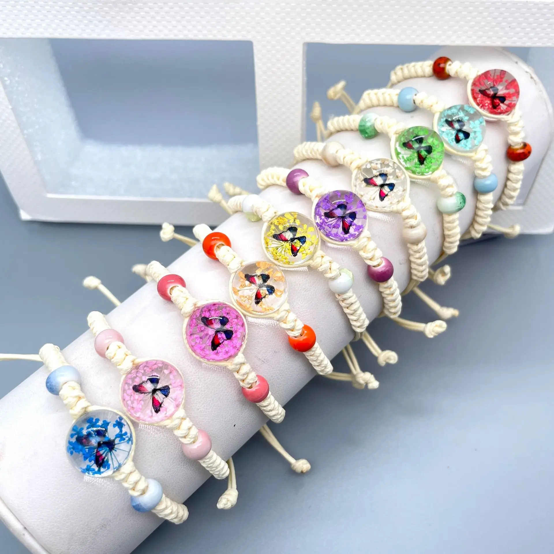 

10Pcs/LotWomen's Butterfly Dried Flower Bracelet Glass Ball Weave Lucky Flower Handmade Woven Glass Beads Adjustable Bracelets