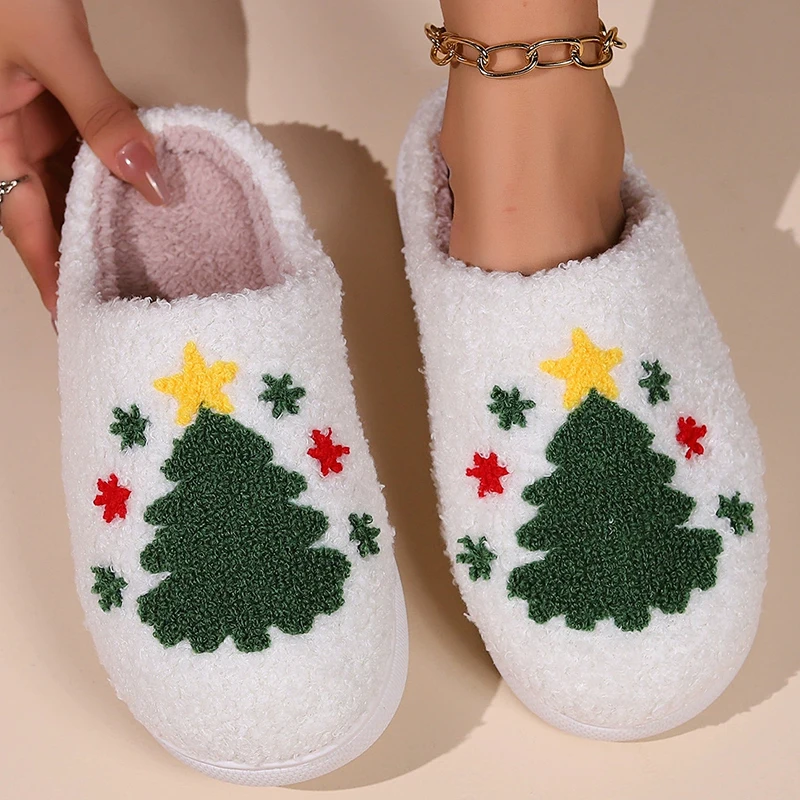 Cartoon Christmas House Slippers Women Cute Gingerbread Winter Warm Slides Couple Flat Heel Round Toe Cotton Slippers Woman