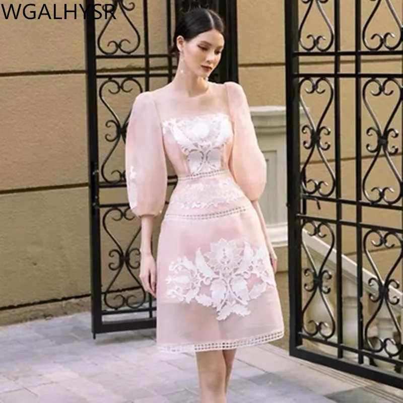 

New Summer Fashion Casual Embroidery Lace Dress Women Runway Designer Temperament French Party Dresses Vestidos