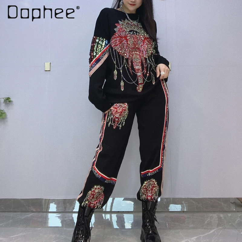 Casual Hot Drilling Pants Suit Female Autumn and Winter New Woman Rhinestone Long Sleeve Sequin Stitching Trousers Two-Piece Set winter clothes new fashion rhinestone quilted long sleeve short coat sequin mini skirt elegant two piece set women s outfits