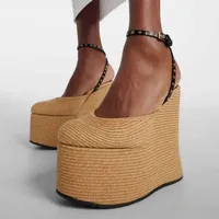 Summer Grass Woven Platform Sandals Women Wedge Heel Thick Soled Sandals Ankle Strap Supper High Heels Party Women's Sandals New - Image 4