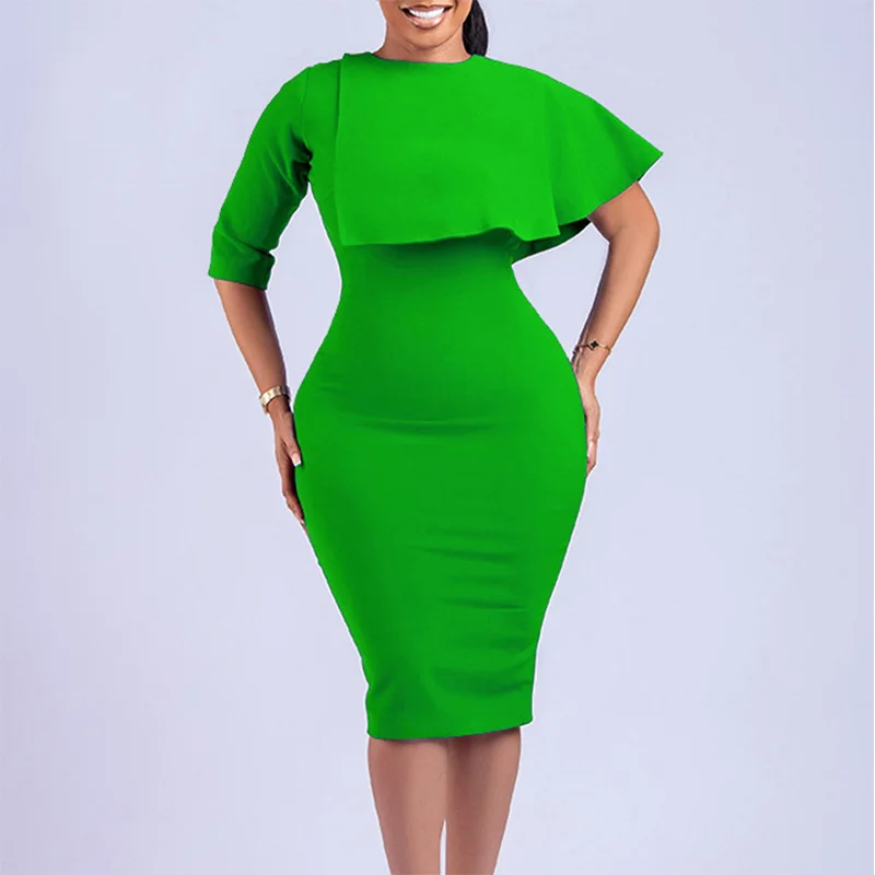 Elegant Solid Back Zipper Pencil Skirt Fashion O-Neck Patchwork Ruffles Three Quarter Sleeve Plus Size Slim Knee-Length Dresses