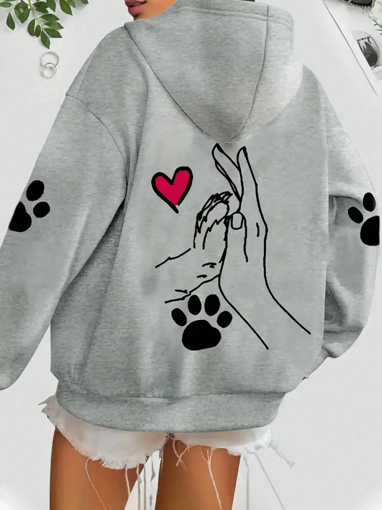 Ladies' casual and elegant polyester hoodie with dog and heart-shaped paw prints, hoodie, animal pattern