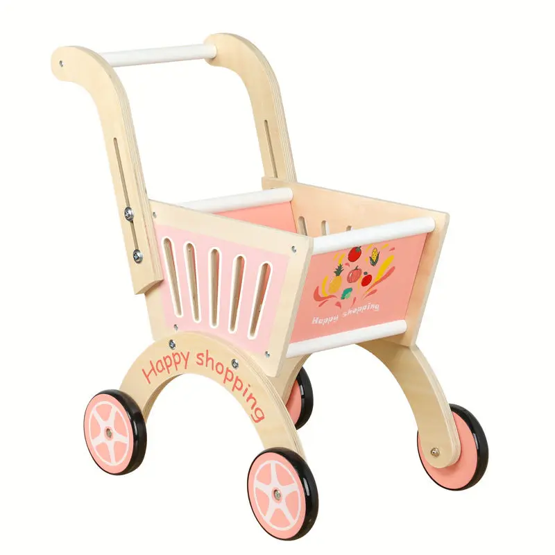 Colorful Shopping Cart Wooden Household Toys Baby Stroller Three Colors Trolley Toddler Cart 6