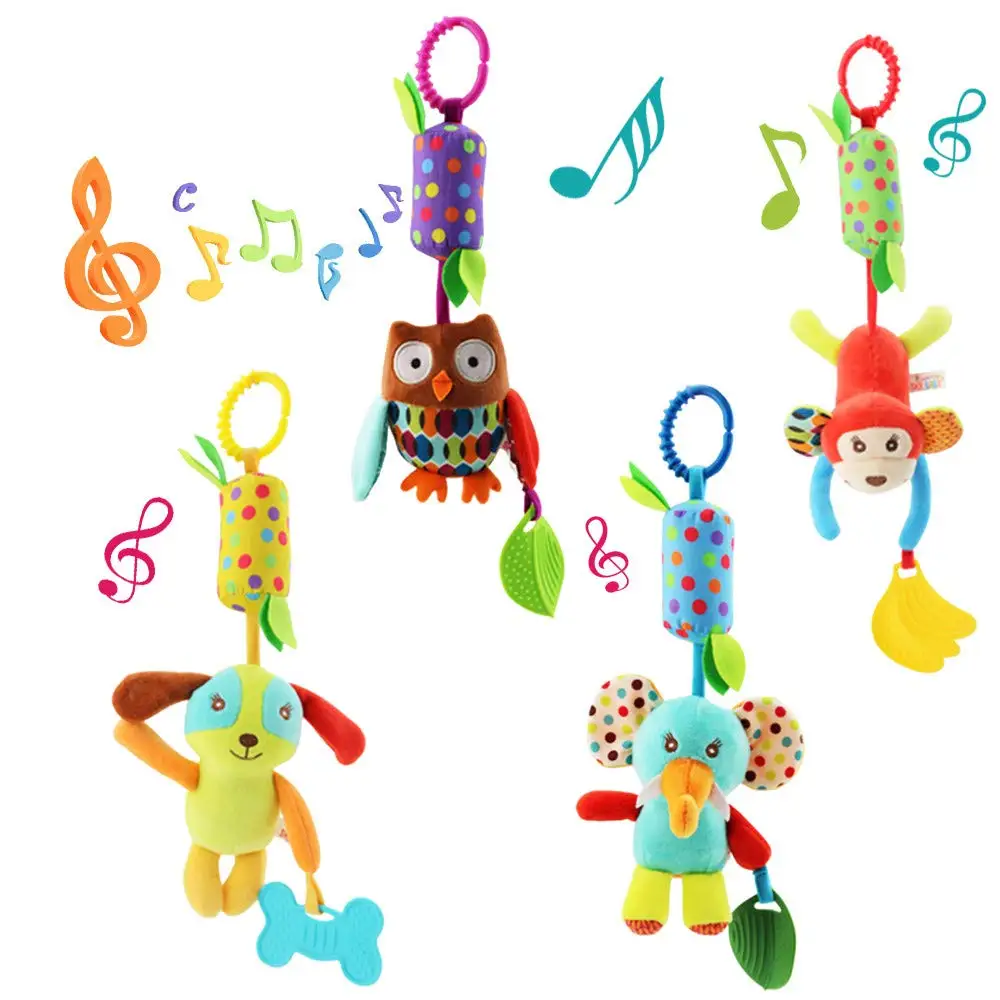 Baby Soft Hanging Rattle Crinkle Squeaky Toy Animal Ring Plush Stroller Infant Car Bed Crib Activity Wind Chime with Teether Toy