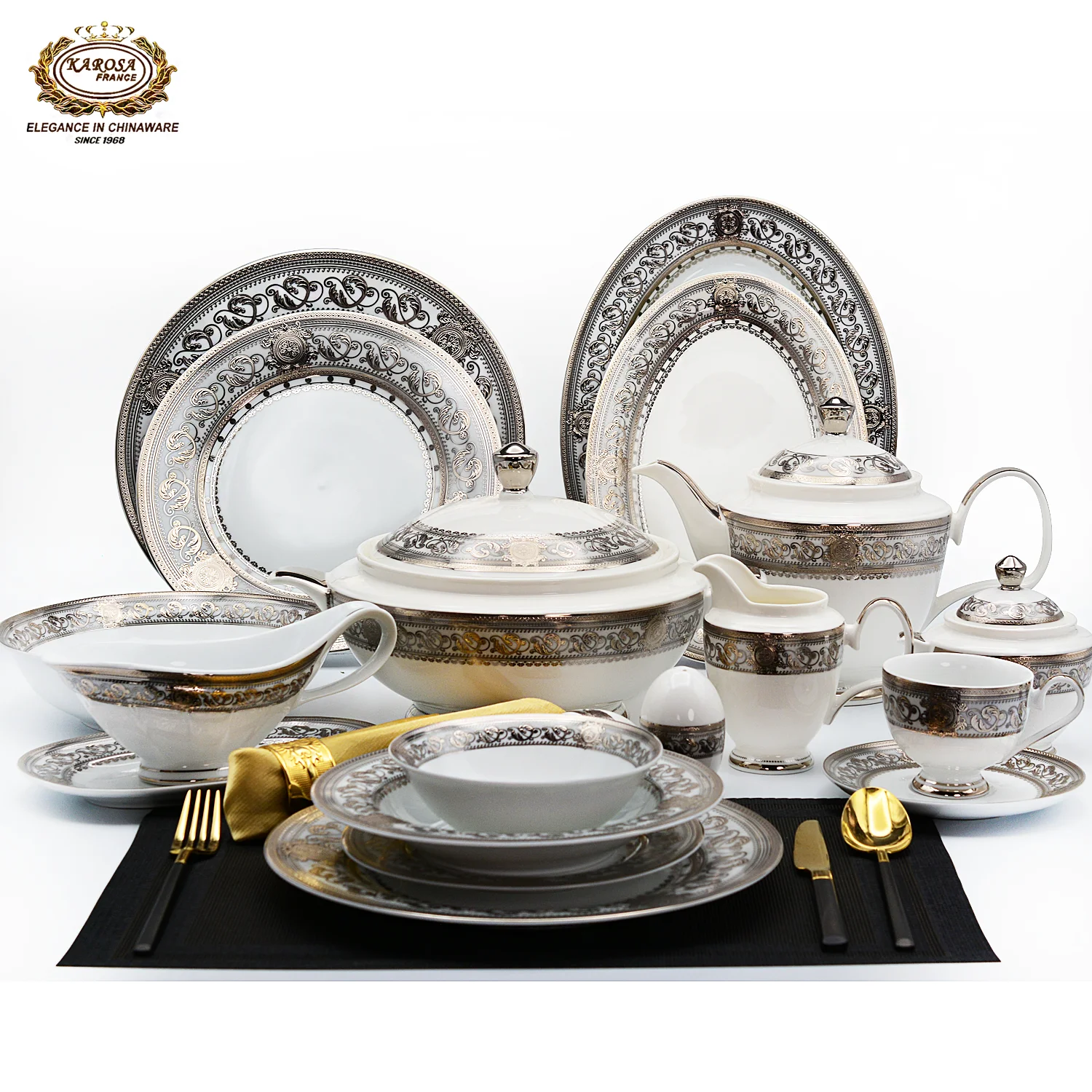 

Wholesales custom hotel weeding luxury 98 pieces silver design European style fine bone china ceramic dinnerware sets