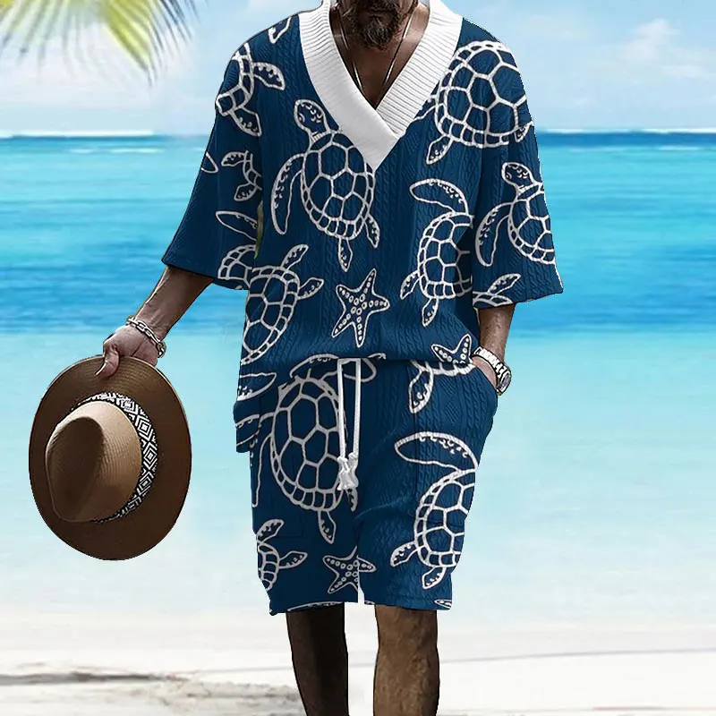 

2024 Summer New Men's Set Stylish Casual Hawaiian Style Beach Vacation Men's Clothing V-neck T-shirt And Shorts Two-piece Set