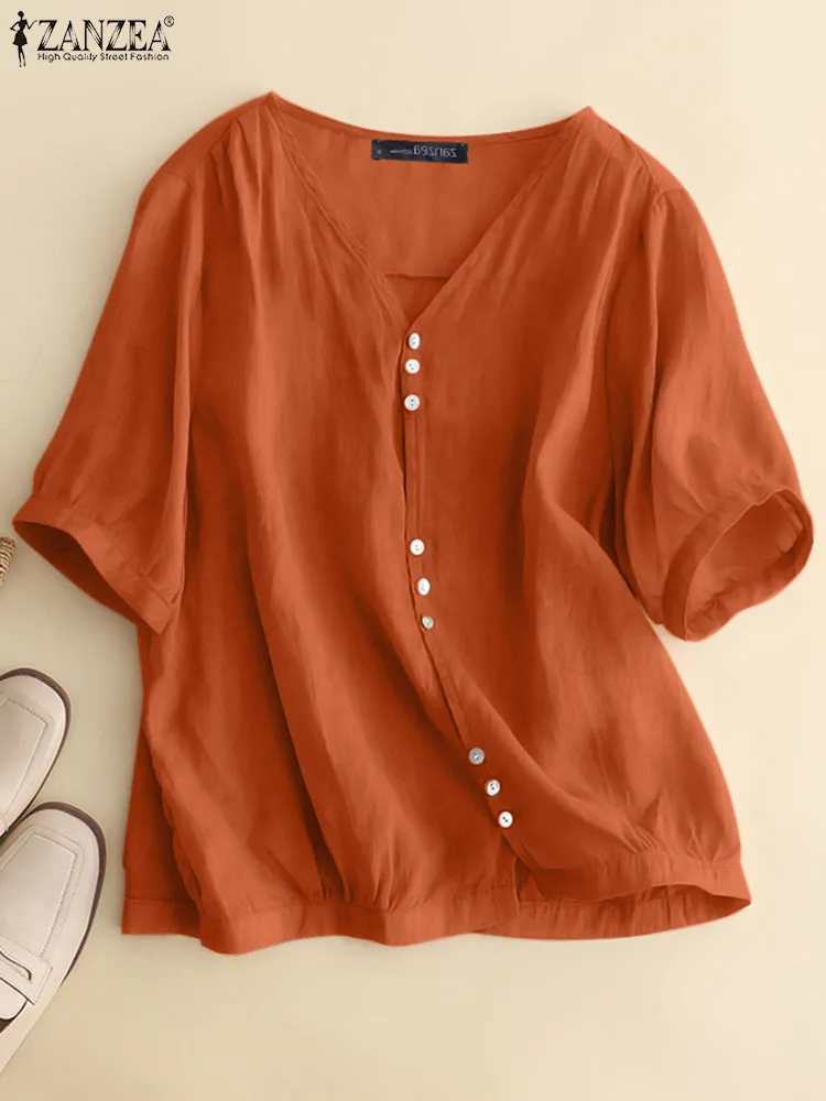 

2023 ZANZEA Summer Fashion Cotton Tunic Tops Woman Half Sleeve V-Neck Blouse Female Casual Street Shirt Vintage OL Work Chemise