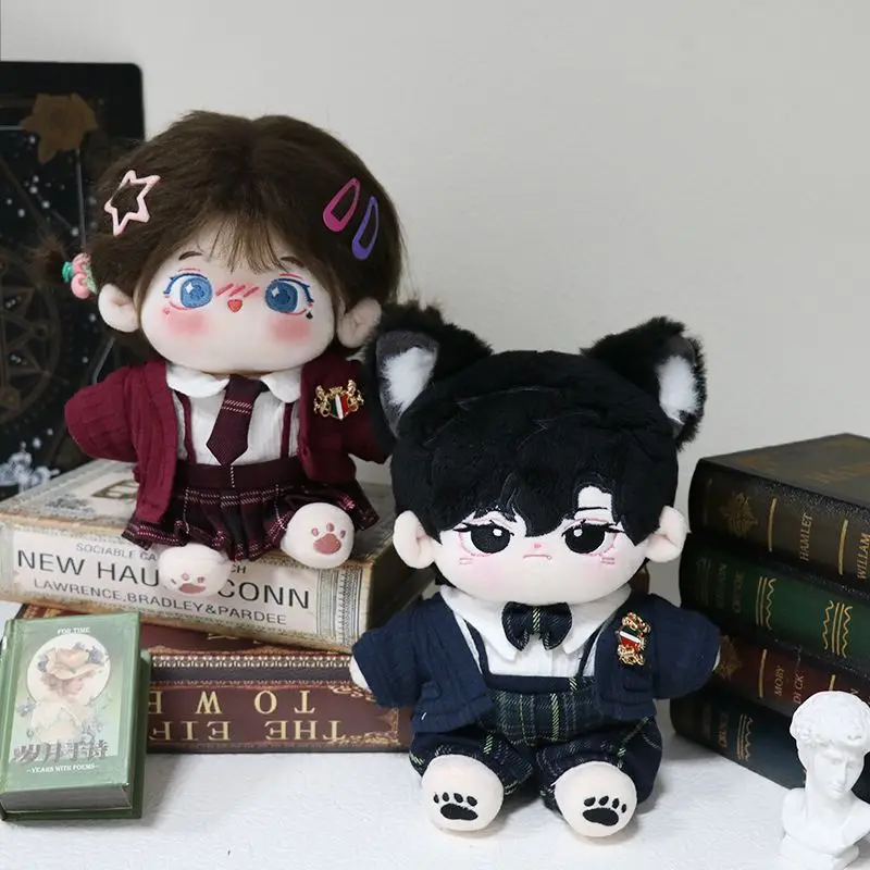 

Handmade 5pc/set College Couple British Style Uniform Set 20cm Knitted Coat Bow Tie Shirt Plush Doll Outfit Clothes