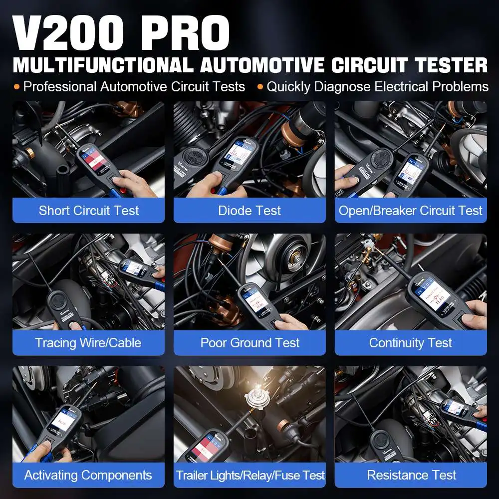 VDIAGTOOL V200PRO 12/24V Probador de Circuitos Eléctricos, Detector de Cortocircuitos y Circuitos Abiertos para Voltaje CA/CC, Prueba de Relés y Fusibles de Remolques