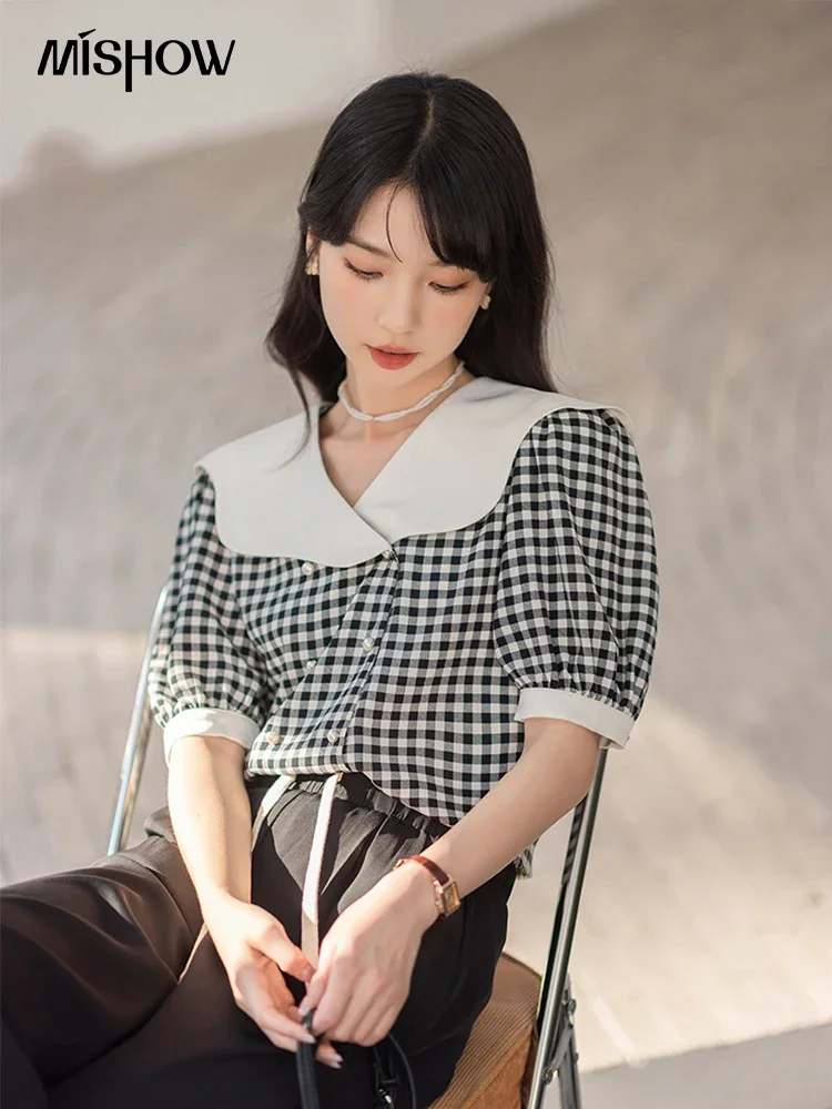 

MISHOW Women's Plaid Blouses French Summer 2023 Puff Short Sleeve Woman Shirts Ruffle Collar Sweet Office Ladies Tops MXB23C0350