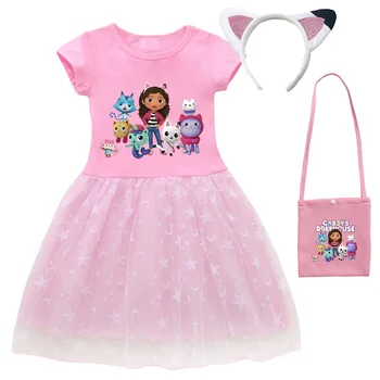2024 New Summer Cartoon Gabby Cats Dresses Baby Girls Princess Dress Bag Headband Kids Gabby's Dollhouse Cosplay Costume 1