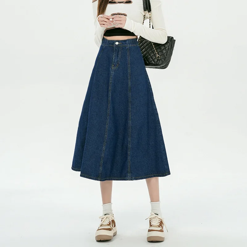 

Spring Summer Elastic High Waist A-Line Loose Korean Style Literary Fashion Simple All-matching Temperament Denim Women Skirt