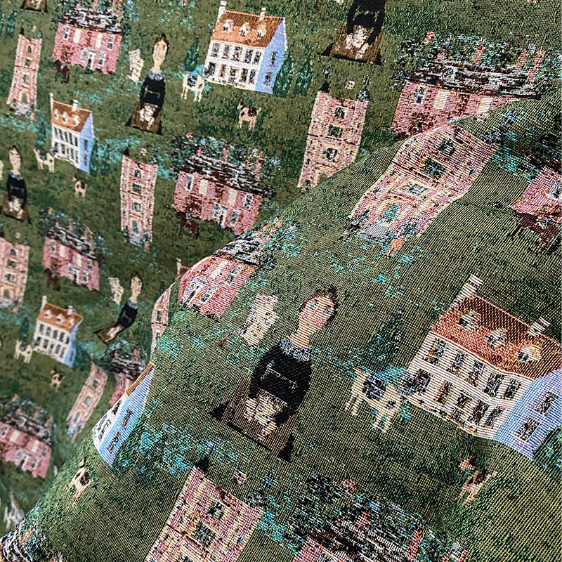 

Good Thicken Stiff Jacquard Denim Fabric Meter Green Fairy Tale Town Oil Painting Fabric Sewing Material DIY Pillow/Vest/Bag