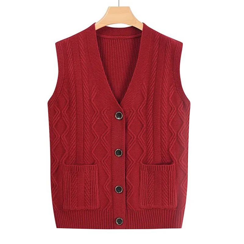 

Autumn Women Vest Waistcoat Winter Sleeveless Jacket Middle Aged Mother Knitwears Buttons V Neck Knitting Sweater Chaleco Mujer