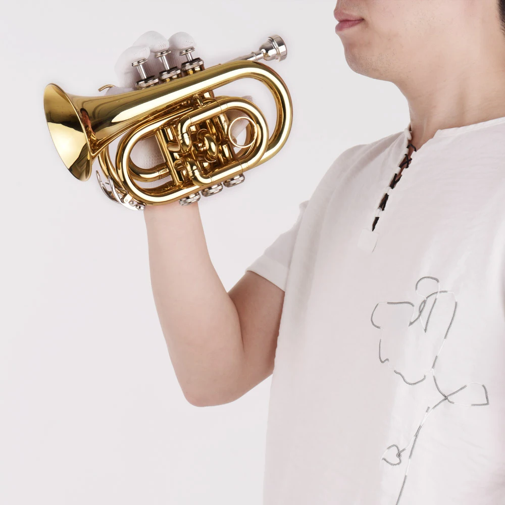 Mini Pocket Trumpet Bb Flat Brass Material Wind Instrument with Mouthpiece Gloves Cleaning Cloth Carrying Case