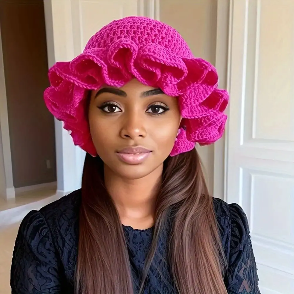 Polyester Crochet Knit Ruffle Beanie Sun Hat for Women
