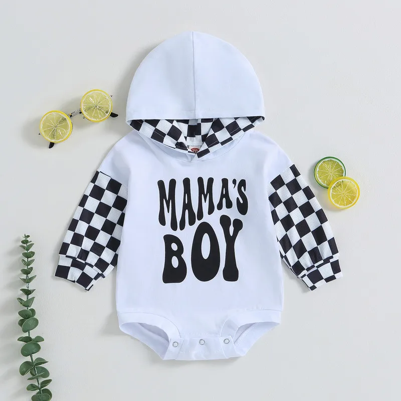 

Newborn Baby Boy Hooded Bodysuit Autumn Clothes Infant Long Sleeve Letter Plaid Patchwork Jumpsuit for Kids Baby Items Clothing
