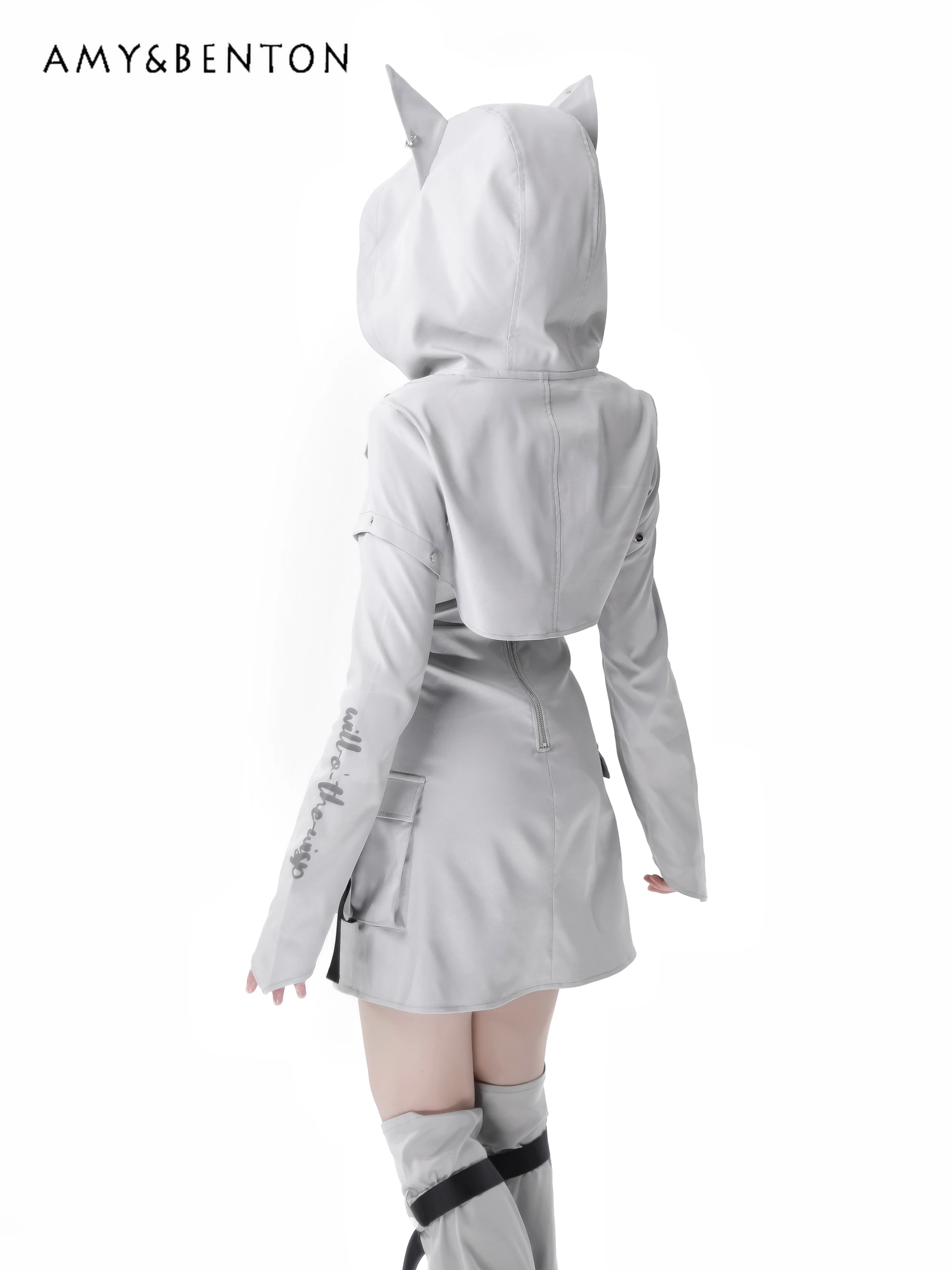 Original Street Hot Girl Sweet Removable Sleeve Hooded Jacket Sleeveless A-line Dress Subculture Two-Piece Sets Womens Outfits 6