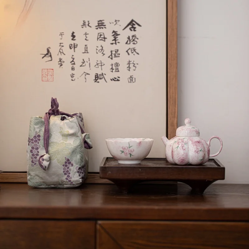 Hand drawn rose ceramic Kung Fu tea set, one pot, one cup, handmade tea pot, cup, outdoor portable set