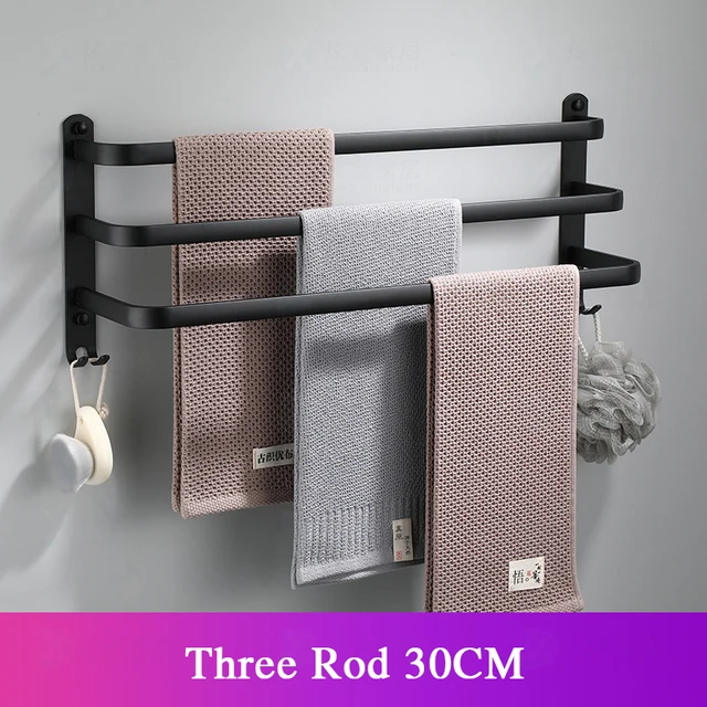 Bathroom Towel Rack 30-60CM Wall Mounted Shower Room Holder Kitchen Aluminum Multilayer Layer Wiht Hook Black Hanger Accessories Three Rod 30cm