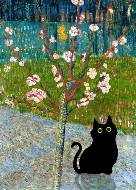 Van Gogh & Monet Inspired Cat Canvas: Starry Night and Sunflowers Wall Art