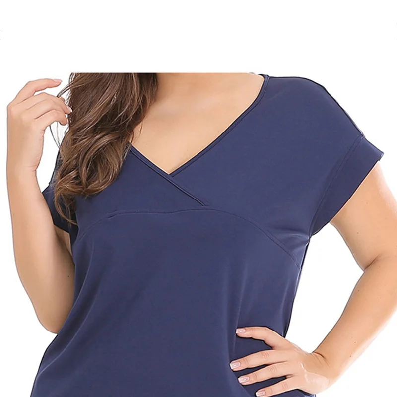 Spring Summer Womens Solid Short Sleeve A-line Wrap V-Neck Distressed Knitted Casual Loose Dark Blue Knee-Length Plus Size Dress