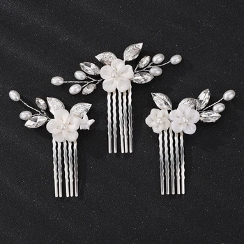 Silver Rhinestone Pearl Hair Accessories for Wedding Women Handmade Flower leaf Bridal Bride Hair Comb Party Head Jewelry Tiaras