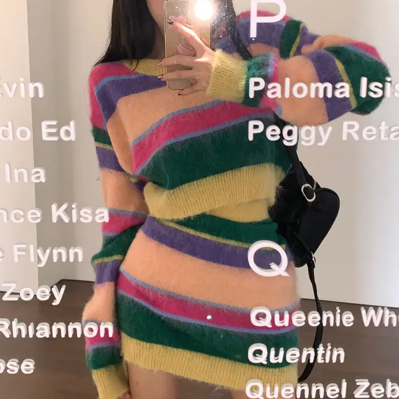 

Rainbow strip spice girl short knitted wool woman autumn skirt suit