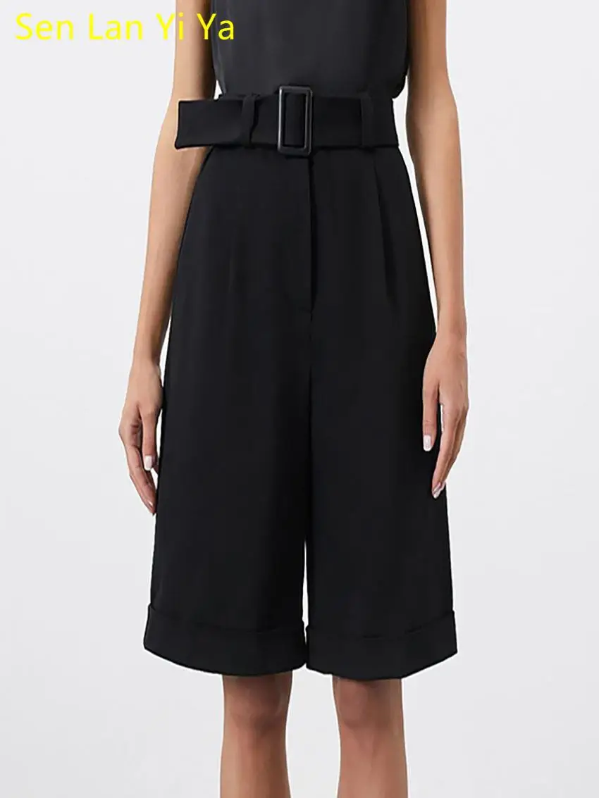 

Sen Lan Yi Ya 2023 Summer Casual Black Sashes New Shorts Fashion High Waisted Straight Loose Women'S Shorts Wide Leg Pants