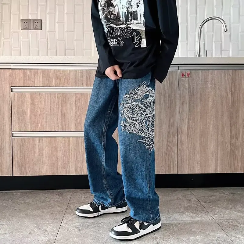 2022 New Fashion Dragon Embroidery Baggy Men Straight Jeans Pants Y2k
