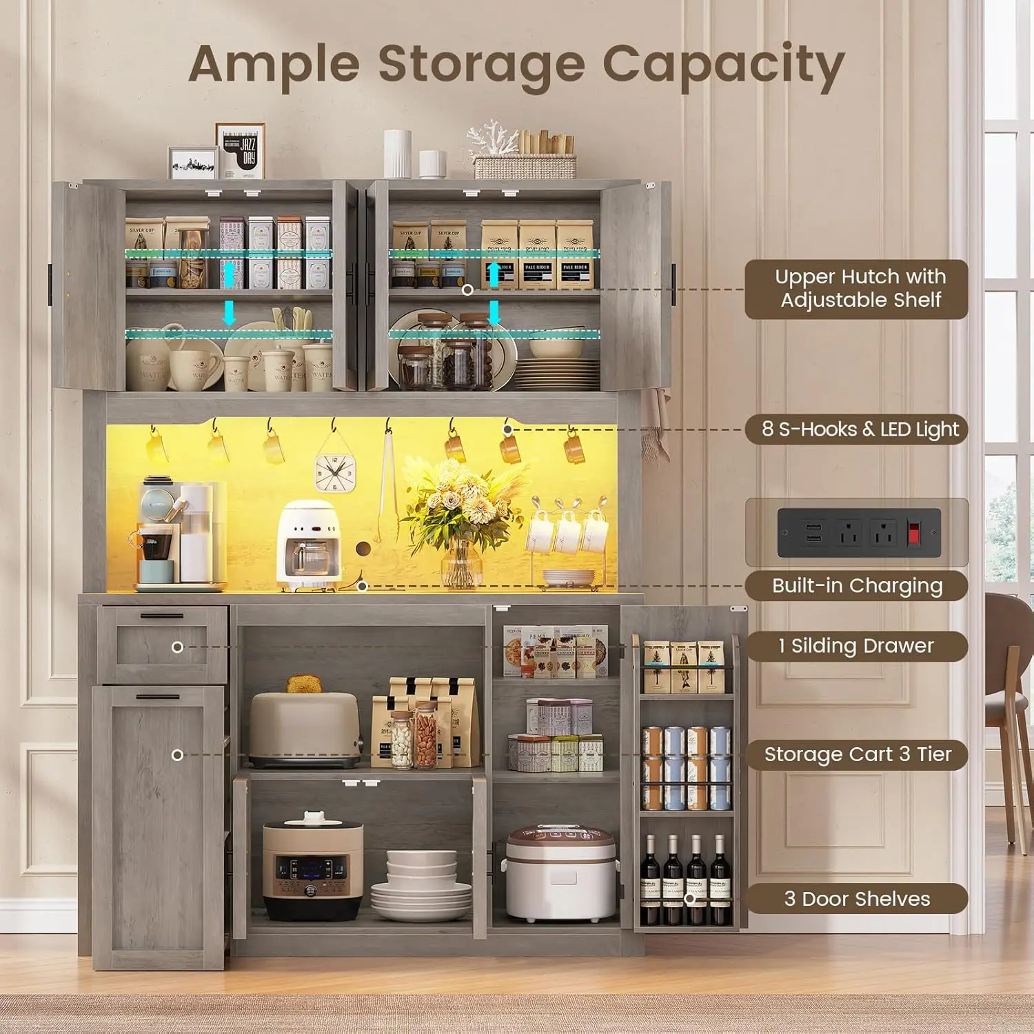 71 Inch Wide Pantry Cabinet with Charging Station And LED Light Kitchen Storage with Microwave Stand Design,Customized 6