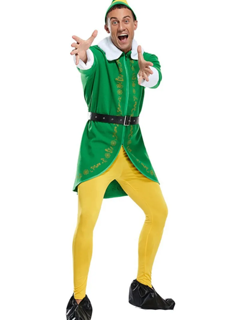 Adult Christmas Elf Costume Santa Helper Fancy Dress for Women Men Holiday Party Cosplay Outfit with Hat Belt