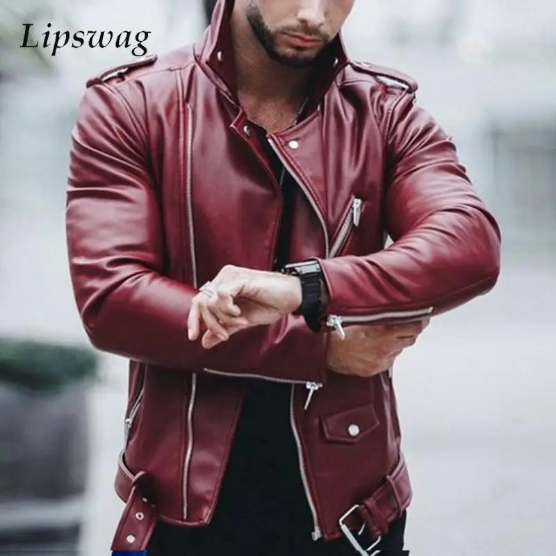 

Long Sleeve PU Leather Jacket Men Coat Motorcycles Biker Vintage Outerwear Slim Fit Zipper Lapel Jackets Trend Mens Leather Coat