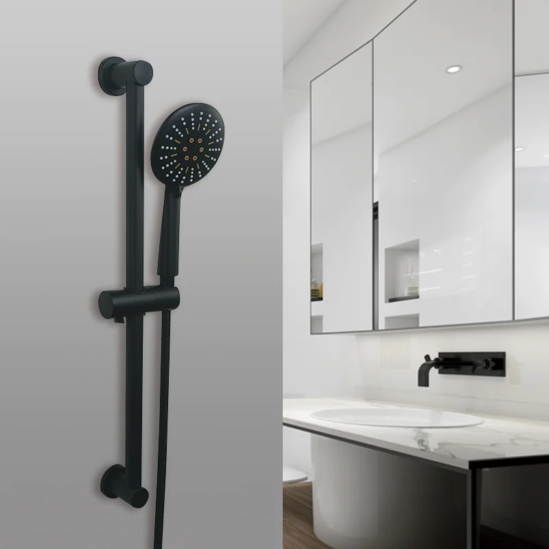 Wall Mounted Black Coating Shower Bar 3 Function Spray Hand Shower Head Stainless Steel Hose Adjustable Bathroom Sliding Bar Height Adjustable Shower Bar