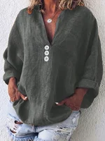 Plus Size 1XL-5XL Women's Solid Color Casual Shirt Top Fashionable Button Up Lapel Long Sleeved Shirt - Image 2