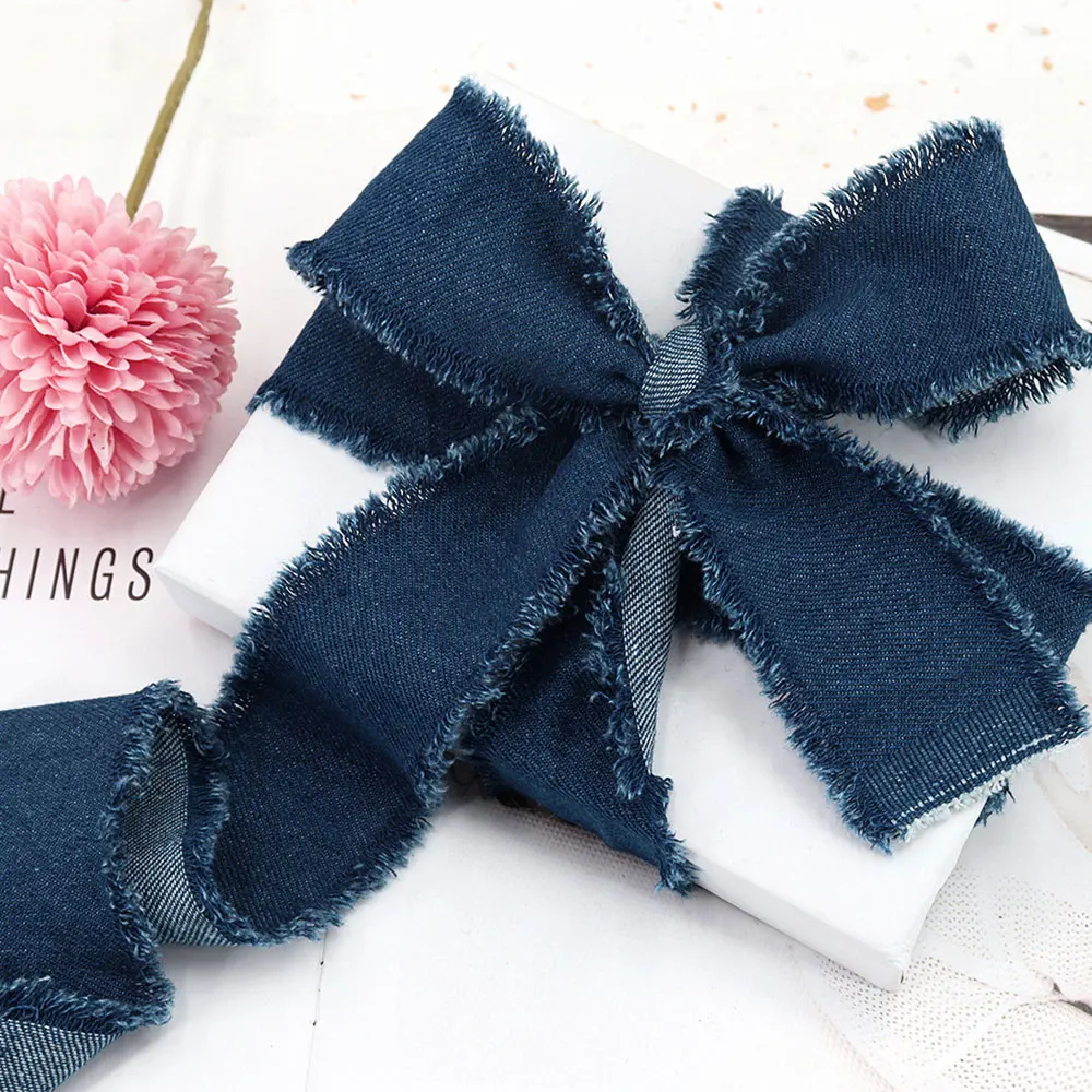 Denim Ribbon Jeans Cloth Fabric Handmade Fringe Silk Ribbons for DIY Sewing Crafts Hairclip Bows Clothes Blue Cowboy Decoration