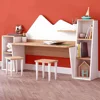 Kid's Study Desk with Bookshelf + 2 Stools for Ages 3-8, Wooden Children Activity Table with Hutch and Shelves, Kids Bedroom 1